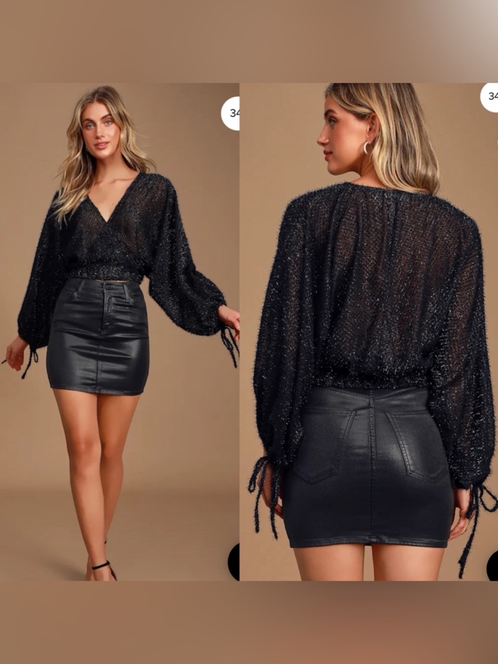 Lulu’s Heyleigh Black Sparkly Swiss Dot Balloon Sleeve Surplice Top XS